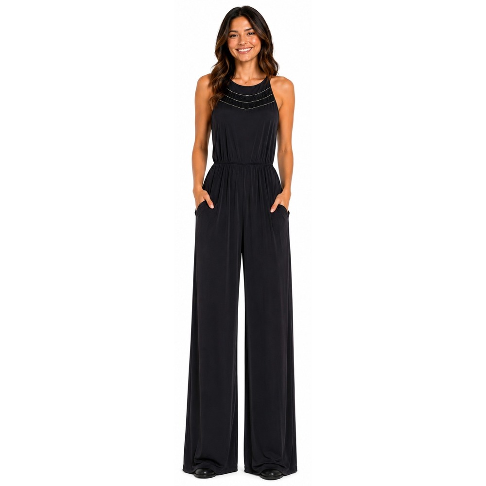 EIGHT SIXTY Beaded Wide Leg Jumpsuit Black Sleeveless Dressy Romper‎ Medium